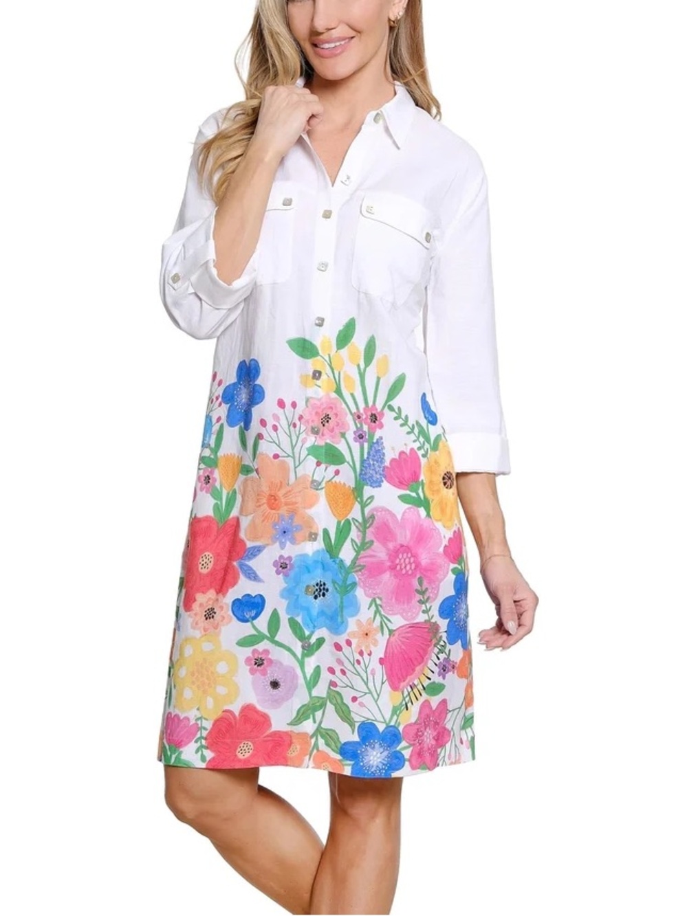 John Mark White Linen Blend Multi Floral Border Print Long Sleeve Shirt Dress